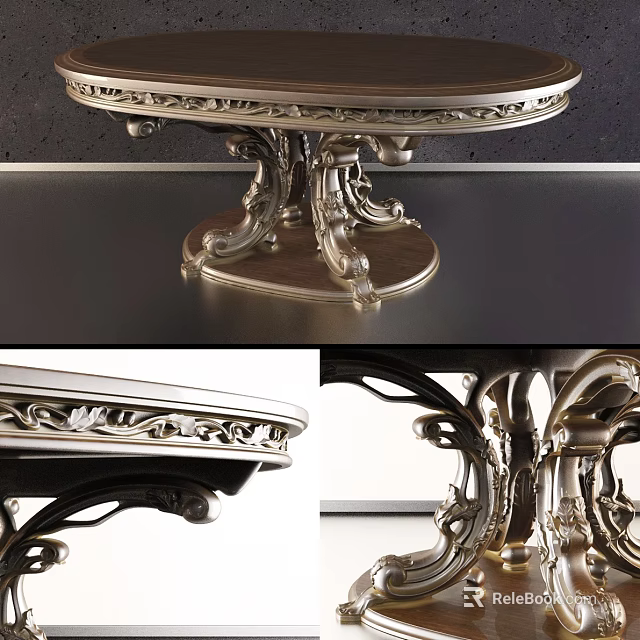 Elegant Ornate Coffee Table With Carved Wooden Top And Intricate Metal Base 3d model 