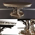 Elegant Ornate Coffee Table With Carved Wooden Top And Intricate Metal Base