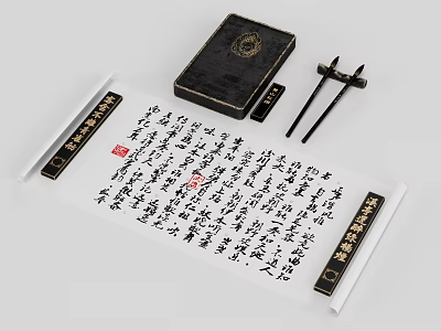 Traditional Chinese Decorative Ornament Set with Calligraphy Scroll Inkstone and Brushes for Home Decor 3d model