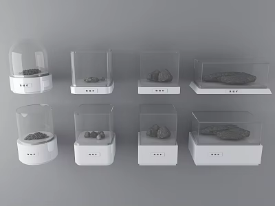 Transparent Display Cases With White Bases Holding Various Stones And Specimens 3d model