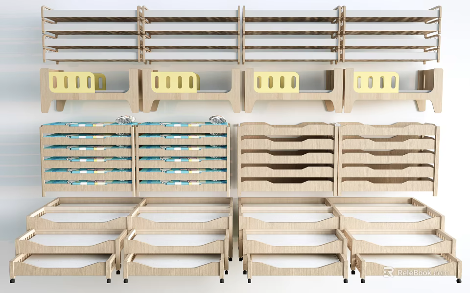 Multiple Wooden Toddler Bed Designs With Safe Railings And Storage Drawers For Kids Bedroom 3d model 