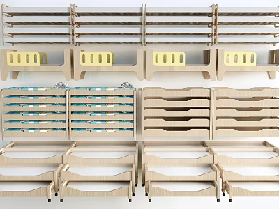 Multiple Wooden Toddler Bed Designs With Safe Railings And Storage Drawers For Kids Bedroom 3d model