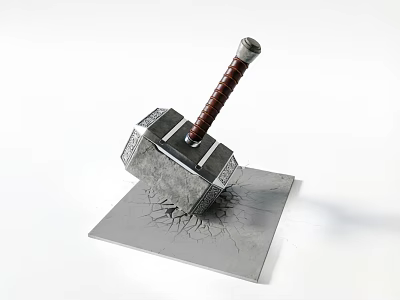 Thor's Hammer Sculpture With Textured Brown Handle Embedded In Cracked Metal Plate 3d model