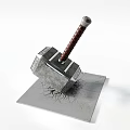 Thor's Hammer Sculpture With Textured Brown Handle Embedded In Cracked Metal Plate