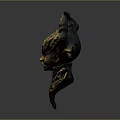 Fantasy Game Movie Character Head With Floral Flame Like Ornaments And Gold Green Brown Textured Surface
