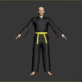 Bald Man In Black Karate Uniform With Yellow Belt Standing Arms Outstretched On Gray Background