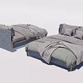 Modern Double Bed With Blue Headboard Gray Bedding And Cozy Blanket 3d model