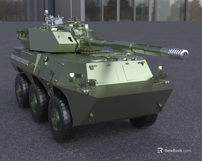 Detailed Military Green Wheeled Tank With Turret And Cannon Equipment 3d model 