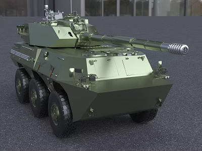 Detailed Military Green Wheeled Tank With Turret And Cannon Equipment 3d model
