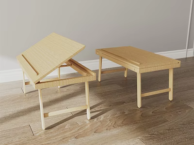 Light Wooden Desks Open And Closed On Wooden Floor With Light Wall 3d model