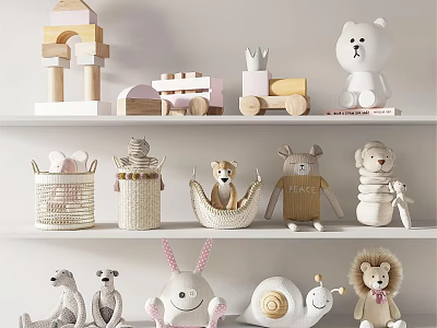 Plush Animal Toys On White Shelves With Wooden Blocks Train And Woven Baskets 3d model