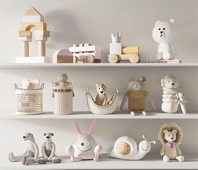 Plush Animal Toys On White Shelves With Wooden Blocks Train And Woven Baskets 3d model