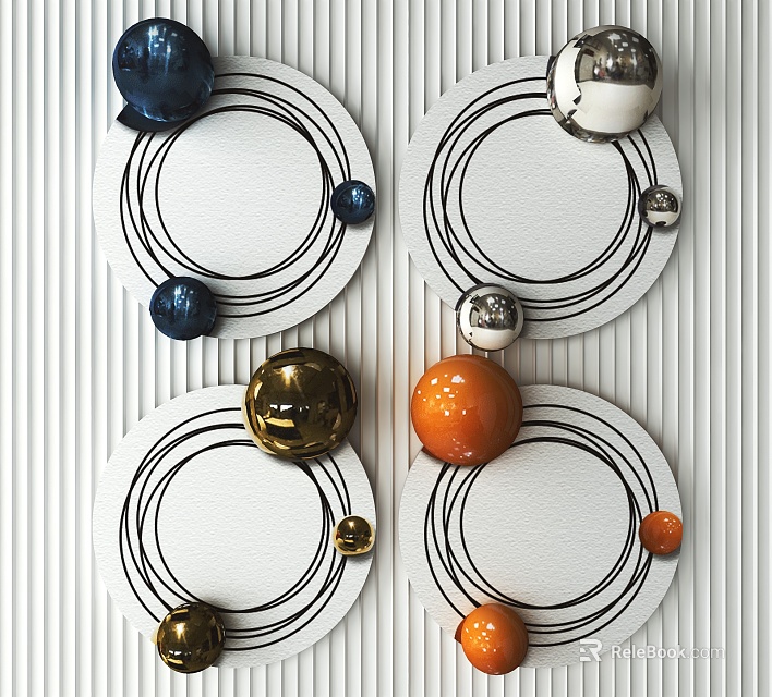 Circular Wall Decor with Black Lines and Colorful Spheres Blue Silver Gold Orange Accents 3d model 