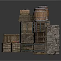 Stacked Wooden Crates And Barrels With Small Decorative Items 3d model