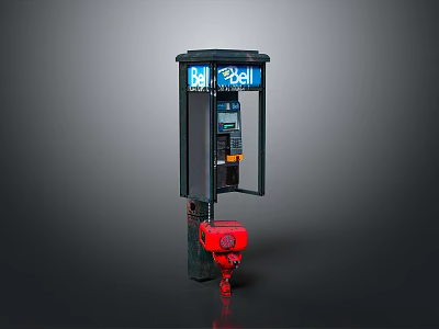 Black Urban Telephone Booth With Blue Bell Sign On Top And Red Fire Hydrant 3d model