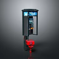 Black Urban Telephone Booth With Blue Bell Sign On Top And Red Fire Hydrant