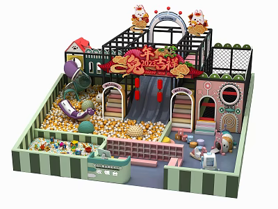 Colorful Indoor Playground Featuring Slide Ball Pit Small House And Decorative Top Structures 3d model