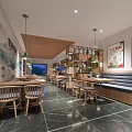 Modern Restaurant Interior With Wooden Shelves Green Plants And Dining Tables