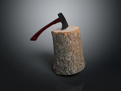 Wooden Stump Display With Red Handled Axe Placed On Top Surface 3d model