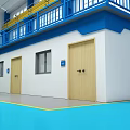 Spacious Factory Interior With High Ceiling Windows Blue Green Floors Yellow Accents And Machinery