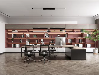 Modern Office Desk Chandelier Bookcase 3d model