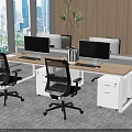 Modern Office Desk With Monitors Ergonomic Chairs Filing Cabinets Large Windows City View Potted Plant