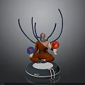 Futuristic Statue Sitting On Round Base With Blue Curved Tentacles And Red Blue Circular Objects