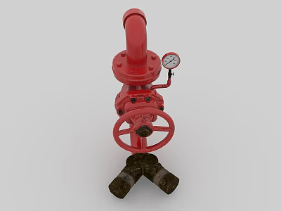 Red Fire Valve Equipment With Handwheel Pressure Gauge And Pipe Connections 3d model