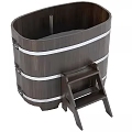 Natural Wooden Bathtub With Matching Wooden Ladder And White Accent Strips