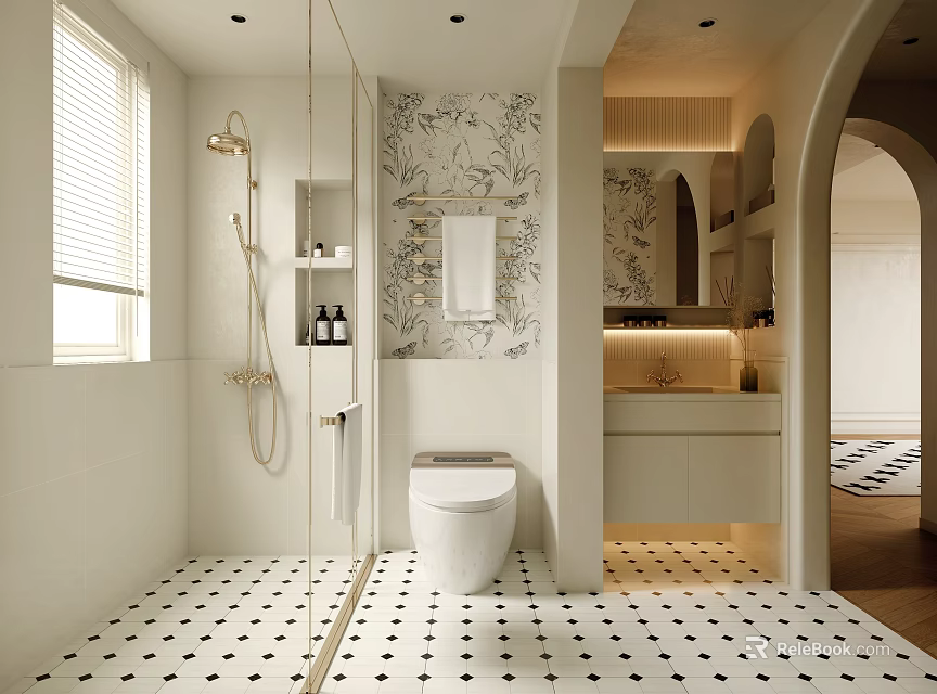 Elegant Bathroom Interior With Glass Shower Wallpaper Toilet And Checkered Floor 3d model 