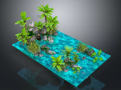 Aquatic Animals Thriving in Natural Freshwater Habitat With Green Plants and Rocks 3d model