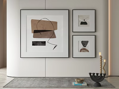 Abstract Paintings Three Minimalist Brown Black Beige Tones on White Wall with Decorative Items Below 3d model