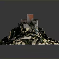 3D Model of Hilltop Castle With Red Tower Stone Walls and Mountainous Terrain