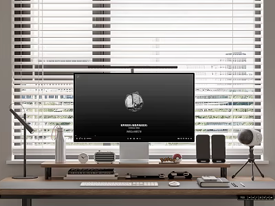Modern Office Desk Setup With Essential Office Appliances Monitor Microphone Speakers And Webcam 3d model