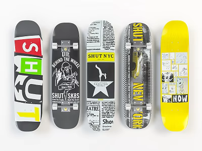 Five Stylish Skateboards With Unique Graphic Designs Brand Logos And Colors 3d model