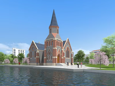 European Style Church Red Brick Exterior Gothic Spire Waterfront With Trees People And Blue Sky 3d model