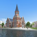 European Style Church Red Brick Exterior Gothic Spire Waterfront With Trees People And Blue Sky