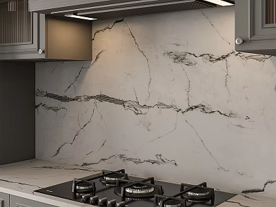 Modern Kitchen With Marble Backsplash Gas Cooktop Range Hood Gray Cabinets And Appliances 3d model