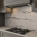 Modern Kitchen With Marble Backsplash Gas Cooktop Range Hood Gray Cabinets And Appliances