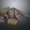 Vintage Household Supplies Including Bundled Sacks Wooden Barrel Wheel And Crate
