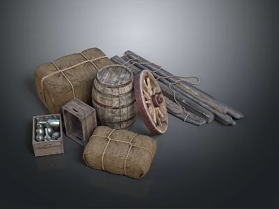 Vintage Household Supplies Including Bundled Sacks Wooden Barrel Wheel And Crate 3d model