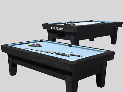 High Quality Sports Equipment Billiard Tables With Black Frames Light Blue Surfaces Balls And Cues 3d model