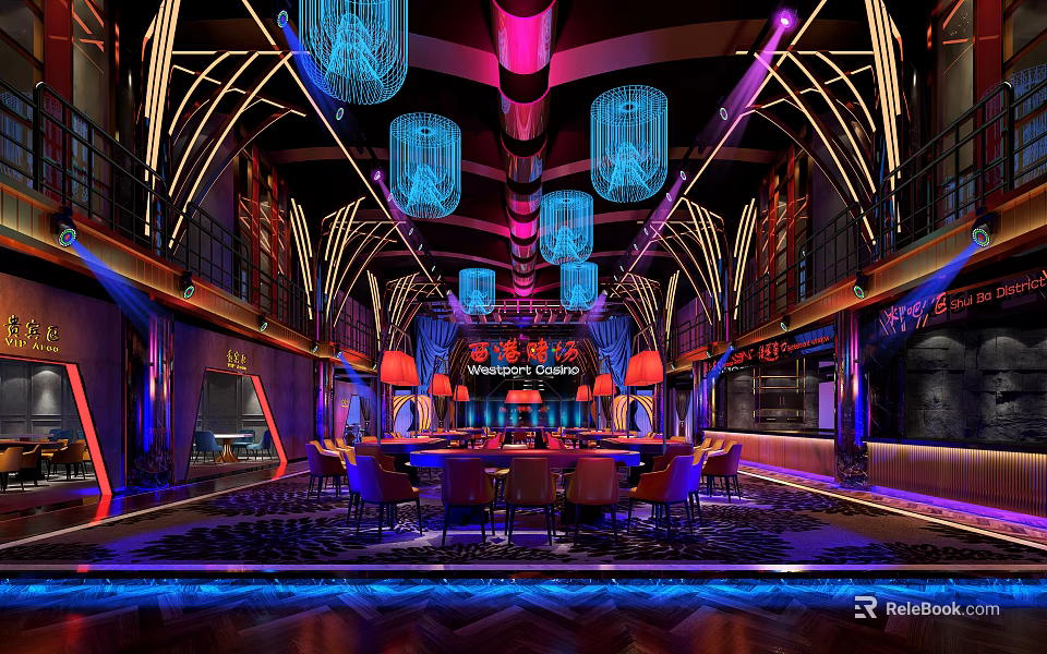 Warrior Dining Elegant Modern Restaurant Interior With Colorful Lights Pendant Lamps And Chairs 3d model 