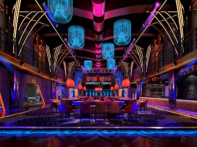 Warrior Dining Elegant Modern Restaurant Interior With Colorful Lights Pendant Lamps And Chairs 3d model