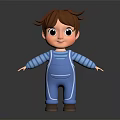 3D Cartoon Boy Character With Brown Hair Blue Striped Shirt And Blue Overalls Standing Pose