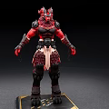Red Black Demon Warrior With Horns Armored Leather Outfit On Golden Emblem Base