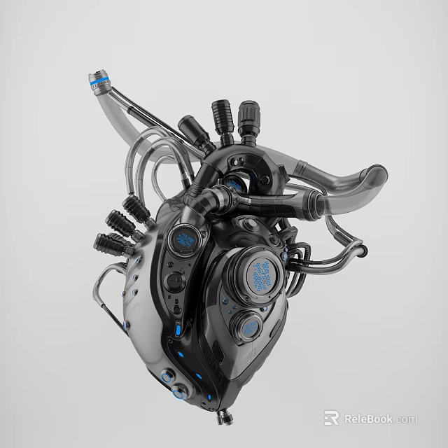 Intelligent Machine Mechanical Heart Design With Pipes Knobs Dials And Blue Indicators 3d model 