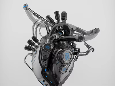 Intelligent Machine Mechanical Heart Design With Pipes Knobs Dials And Blue Indicators 3d model