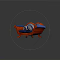 Two Seater Sofa With Red Frame Blue Cushions And Blue White Striped Pillows