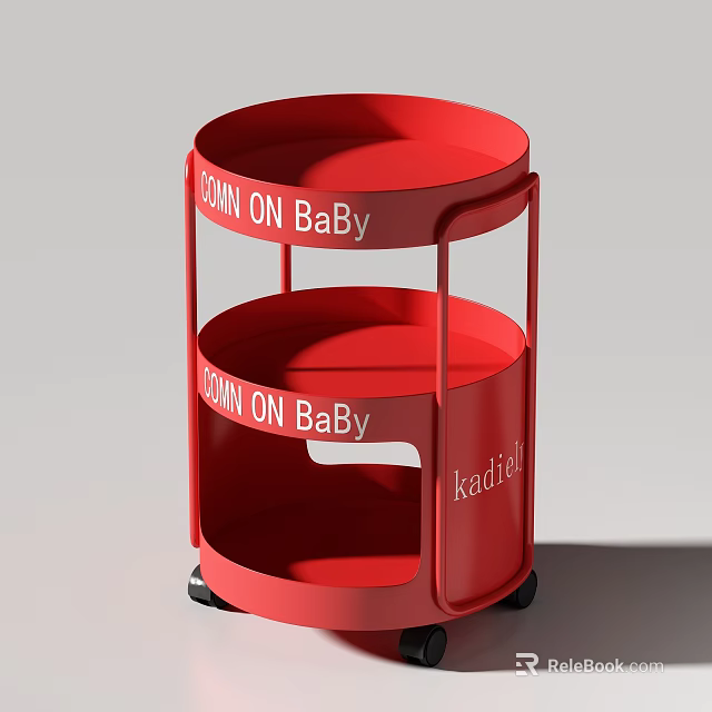 Red Two Tier Rolling Trolley Shelf with Kadidi Text Decor and Mobile Design 3d model